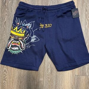 Ed Hardy Navy Bulldog King Graphic Athletic Shorts